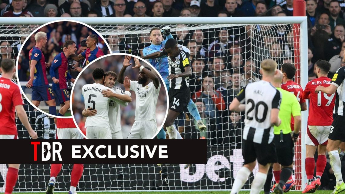 Matz Sels, the Nottingham Forest goalkeeper, punches the ball clear under pressure from Alexander Isak of Newcastle United during the Premier Leagu...