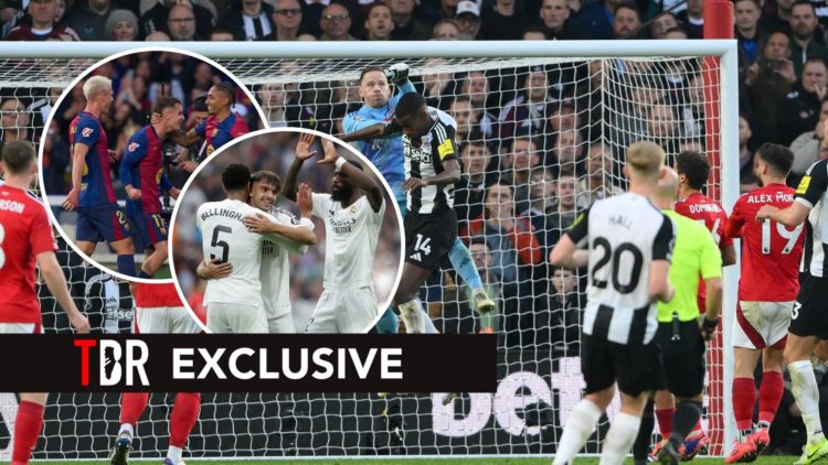 Matz Sels, the Nottingham Forest goalkeeper, punches the ball clear under pressure from Alexander Isak of Newcastle United during the Premier Leagu...