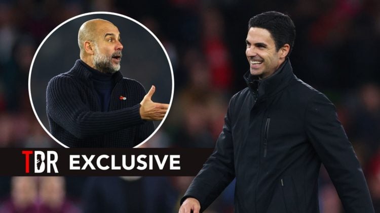 Mikel Arteta. Inset, Pep Guardiola.