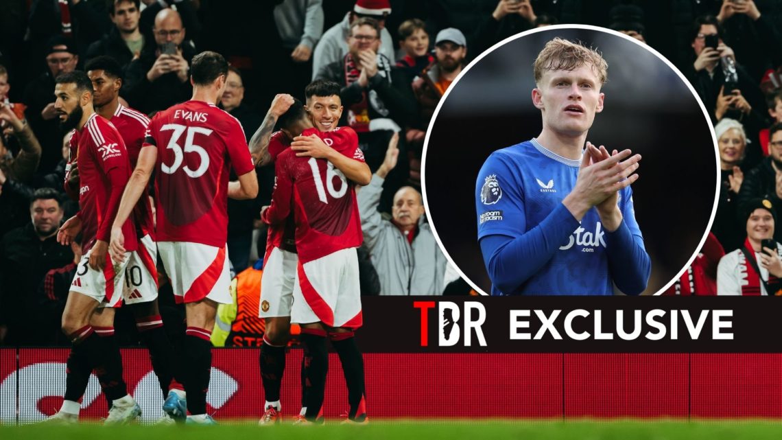 Manchester United players celebrating. Inset, Jarrad Branthwaite.