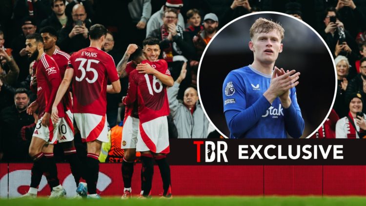Manchester United players celebrating. Inset, Jarrad Branthwaite.