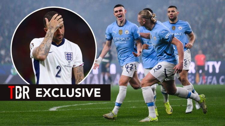 Manchester City players celebrating. Inset, Kyle Walker looking dejected.