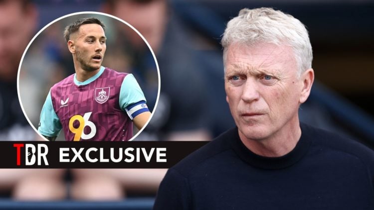 David Moyes, Manager of West Ham United, looks on prior to the Premier League match. Inset, Josh Brownhill.