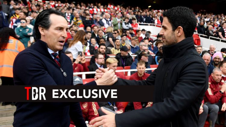 Unai Emery, Manager of Aston Villa, and Mikel Arteta, Manager of Arsenal, embrace prior to the Premier League match between Arsenal FC and Aston Vi...