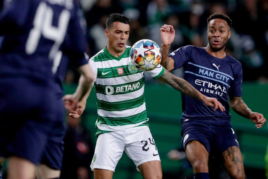 (L-R) Pedro Porro of Sporting Clube de Portugal, Raheem Sterling of Manchester City  during the UEFA Champions League  match between Sporting CP v ...