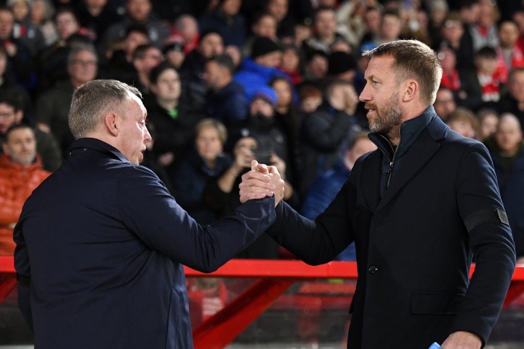 Steve Cooper, Nottingham Forest head coach and Graham Potter, manager of Chelsea during the Premier League match between Nottingham Forest and Chel...