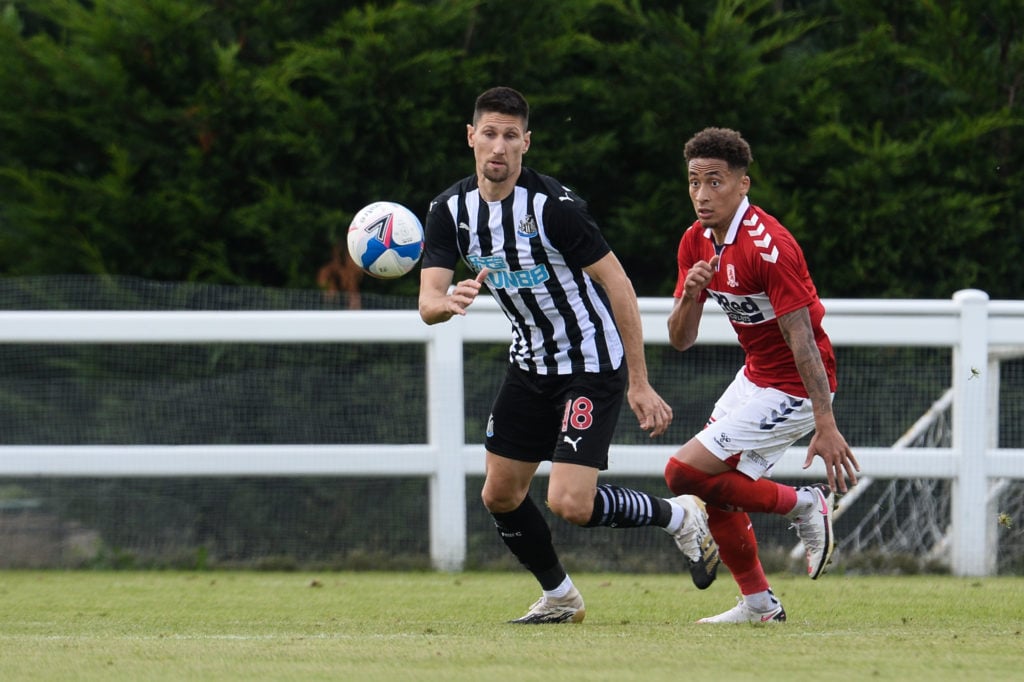 Federico Fernández of Newcastle United FC (18) runs to the ball as Marcus Tavernier chases during the Pre Season Friendly between Newcastle United ...