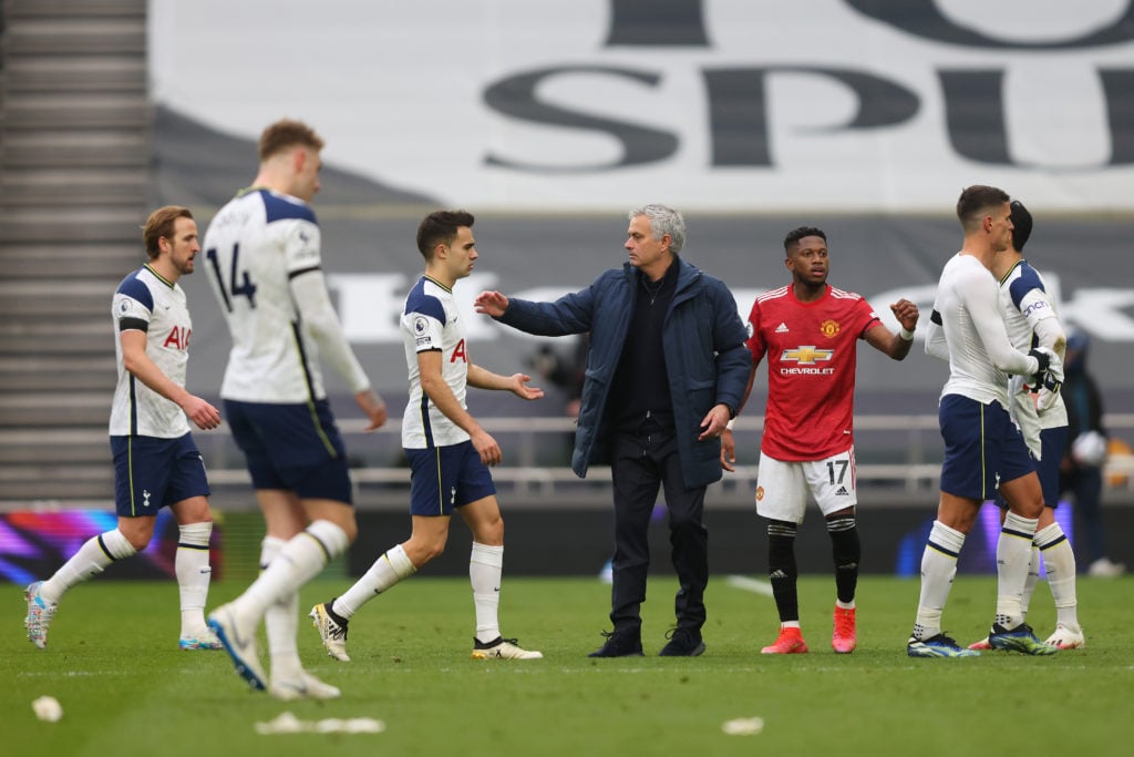 Jose Mourinho, Manager of Tottenham Hotspur consoles Sergio Reguilon of Tottenham Hotspur following their team's defeat in the Premier League match...