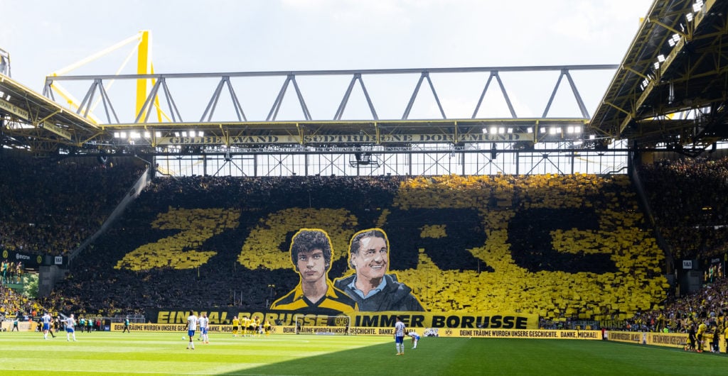 Choreography of the fans for Michael Zorc prior to the Bundesliga match between Borussia Dortmund and Hertha BSC at Signal Iduna Park on May 14, 20...