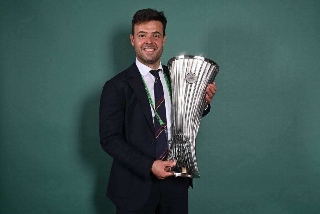 Tiago Pinto of AS Roma poses with the UEFA Europa Conference League Trophy after winning the UEFA Europa Conference League Trophy between AS Roma a...