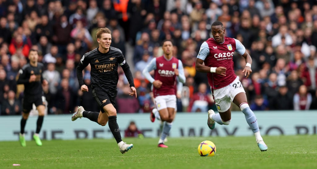 Jhon Duran of Aston Villa in action during the Premier League match between Aston Villa and Arsenal FC at Villa Park on February 18, 2023 in Birmin...