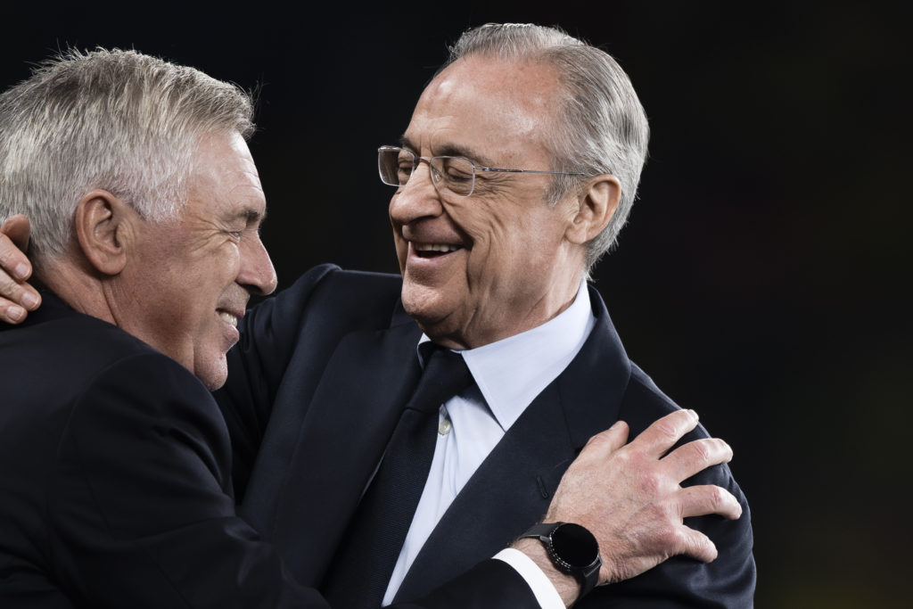 Florentino Perez (R), president of Real Madrid CF, hugs