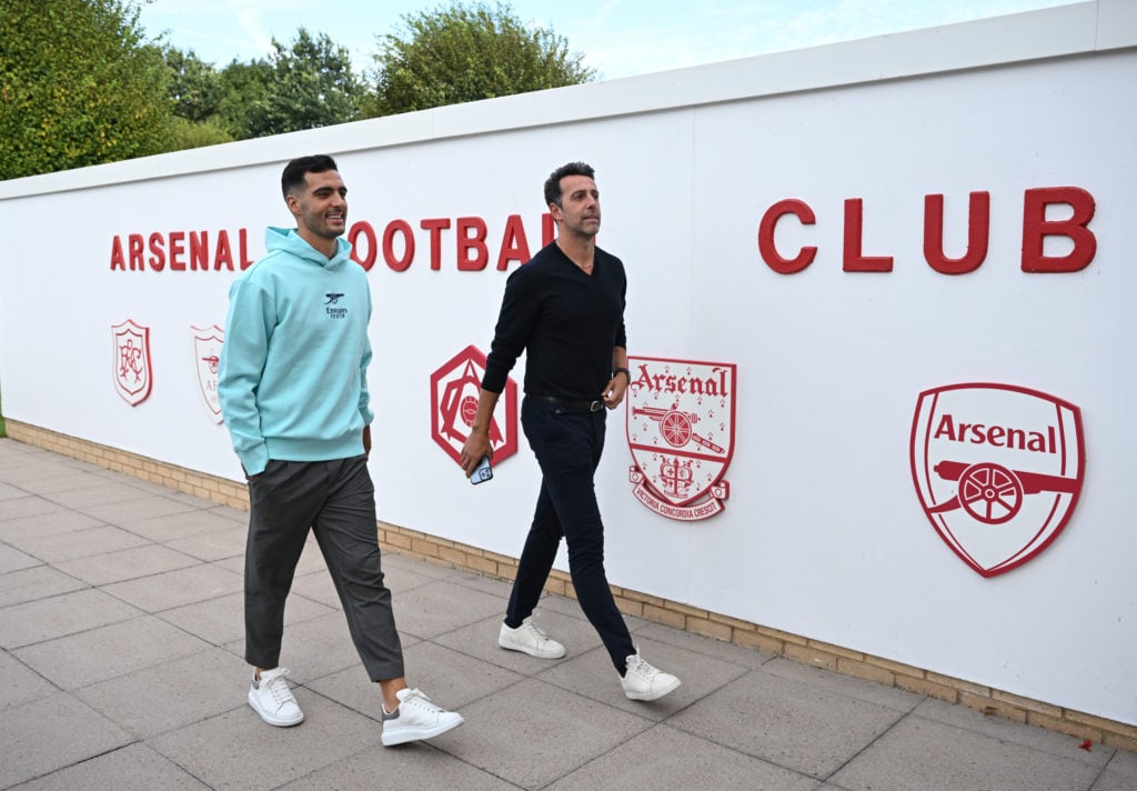 Arsenal Sporting Director Edu Gaspar with new signing Mikel Merino at Sobha Realty Training Centre on August 27, 2024 in London Colney, England.