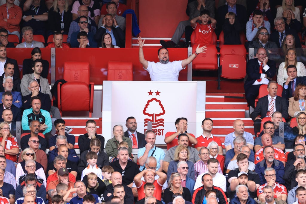 Nottingham Forest owner Evangelos Marinakis gestures during the Premier League match between Nottingham Forest FC and Wolverhampton Wanderers FC at...