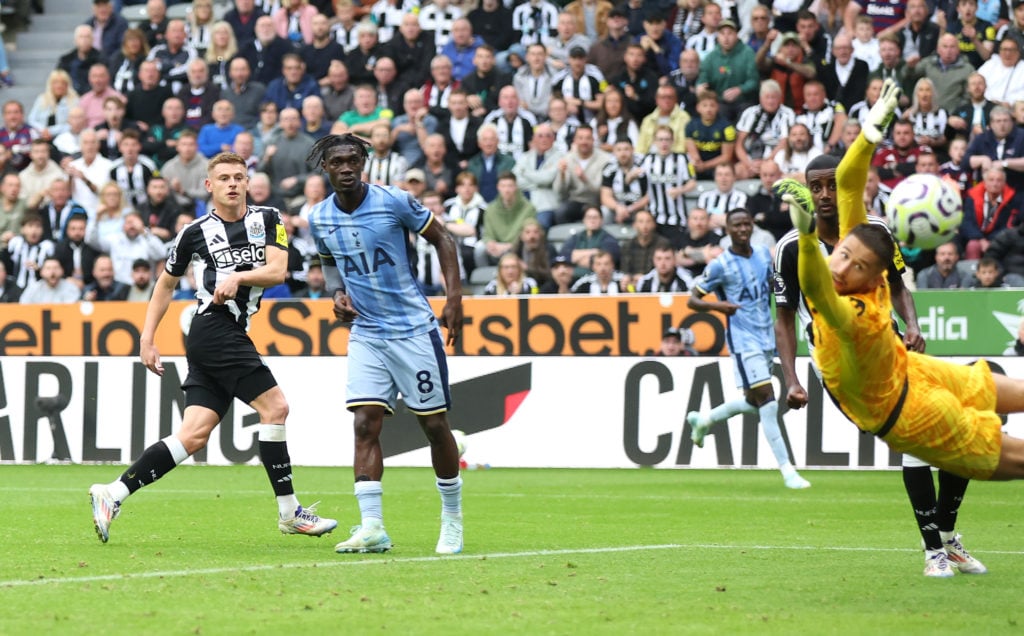 Harvey Barnes of Newcastle United scores his team's first goal during the Premier League match between Newcastle United FC and Tottenham Hotspur FC...