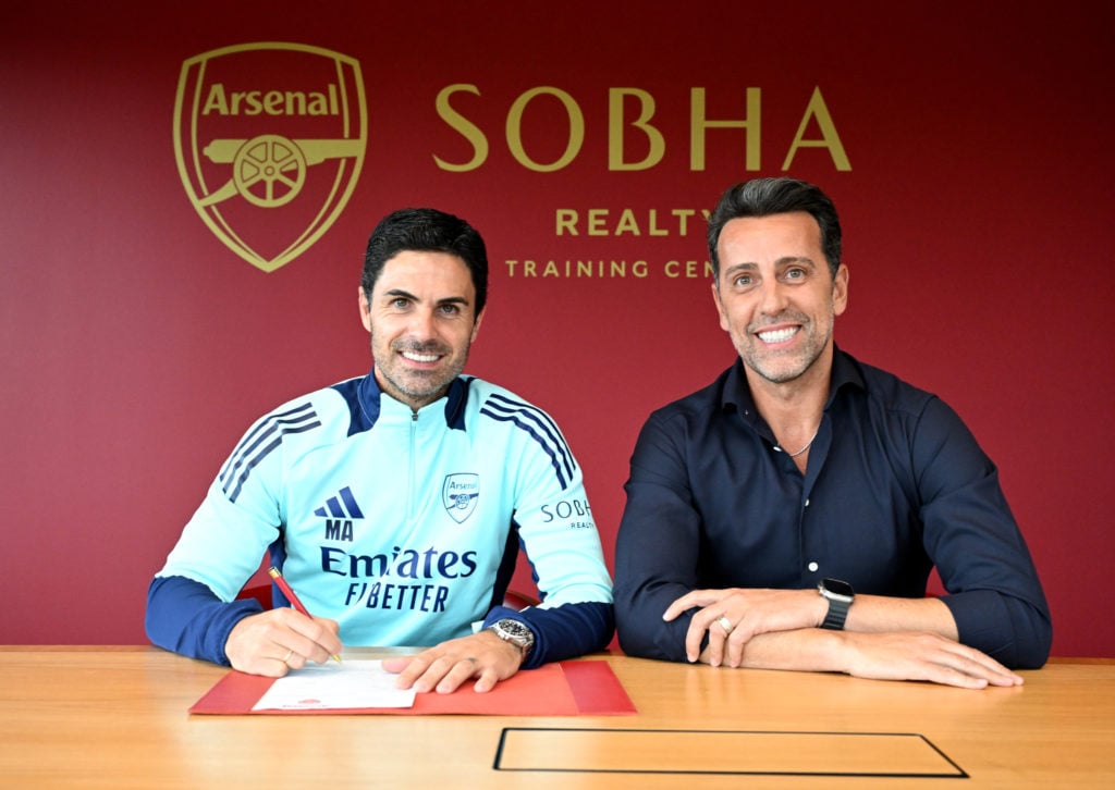 Arsenal manager Mikel Arteta with Sporting Director Edu Gaspar as he sign a new contract at Sobha Realty Training Centre on September 12, 2024 in L...