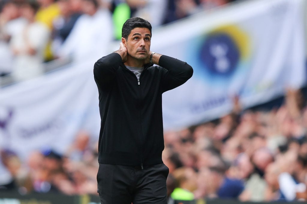 Mikel Arteta, manager of Arsenal, looks dejected during the Premier League match between Tottenham Hotspur FC and Arsenal FC at Tottenham Hotspur S...