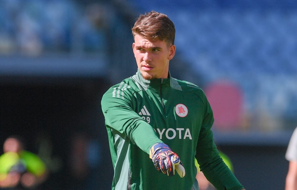 Renato Marin goalkeeper of AS Roma gestures prior the Serie A match between AS Roma and Venezia at Stadio Olimpico on September 29, 2024 in Rome, I...