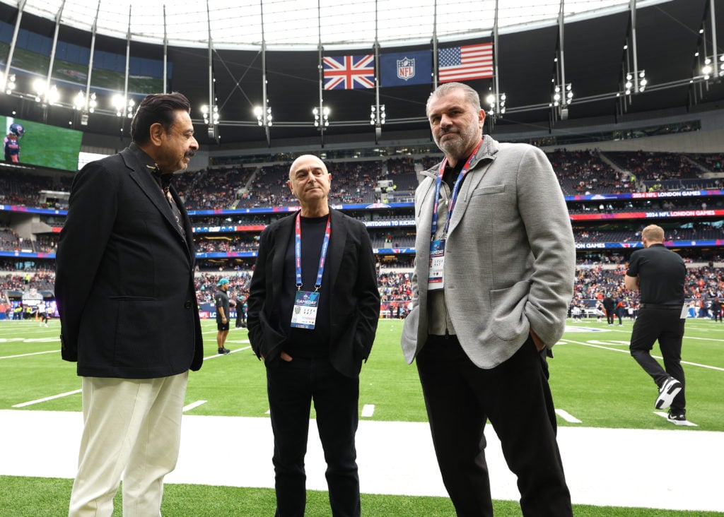 (L-R) Shahid Khan, owner of Jacksonville Jaguars, Daniel Levy, Chairmen of Tottenham Hotspur, and Ange Postecoglou, Manager of Tottenham Hotspur, i...