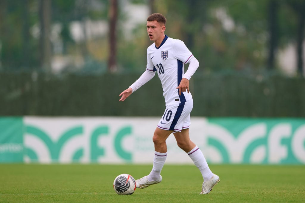 Chris Rigg of England in action during the International match between England U18 and Ukraine U18 at Banus Football Center on October 14, 2024 in ...