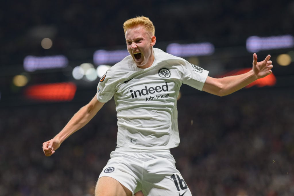 Hugo Larsson of Eintracht Frankfurt celebrates after scoring his team’s first goal during the UEFA Europa League 2024/25 League Phase MD3 match bet...