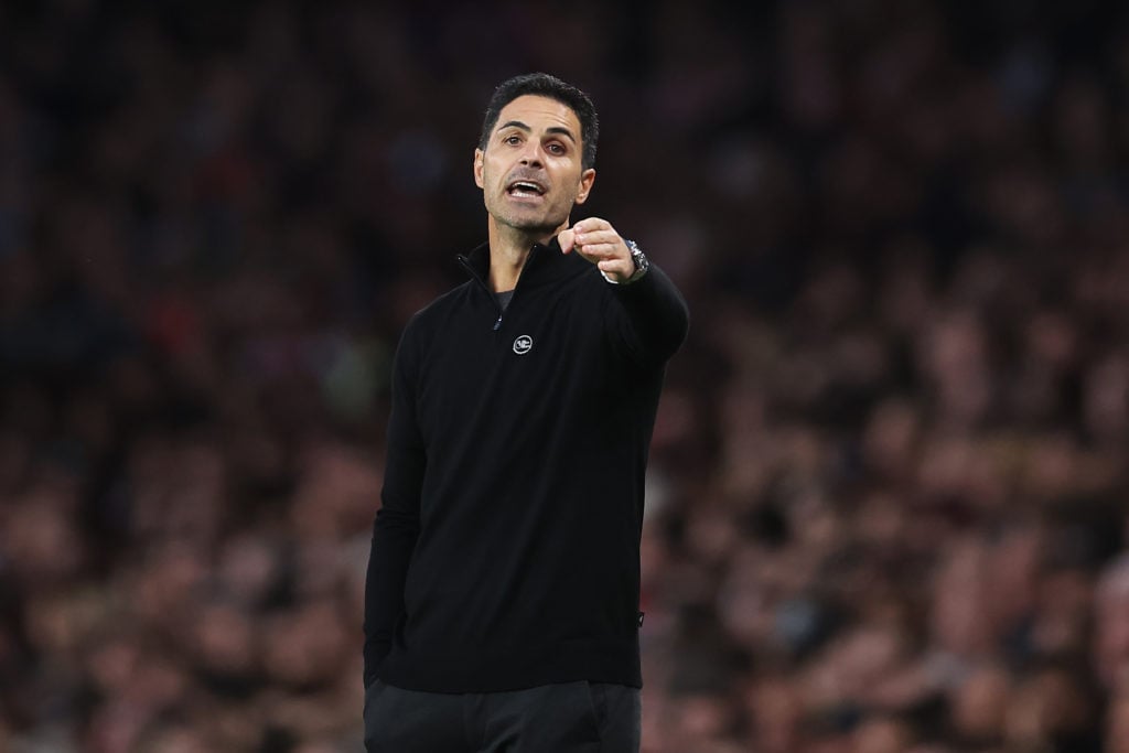 Mikel Arteta, Manager of Arsenal, reacts during the Premier League match between Arsenal FC and Liverpool FC at Emirates Stadium on October 27, 202...