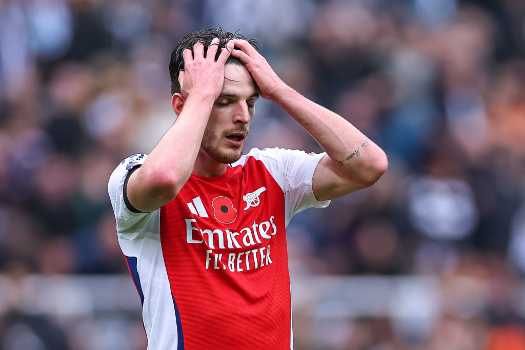 Declan Rice of Arsenal reacts during the Premier League match between Newcastle United FC and Arsenal FC at St James' Park on November 2, 2024 in N...