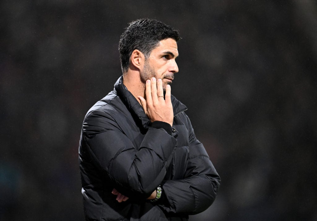 Mikel Arteta, Manager of Arsenal, looks on during the Carabao Cup Fourth Round match between Preston North End and Arsenal  at Deepdale on October ...