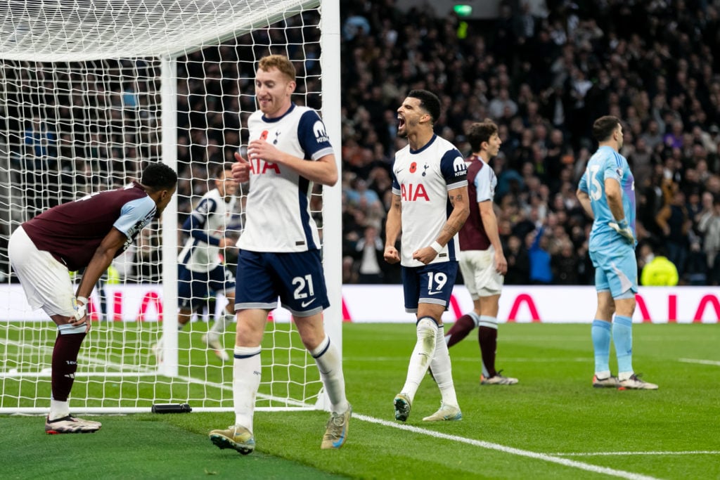 Dominic Solanke of Tottenham Hotspur celebrates after scoring his team's third goal during the Premier League match between Tottenham Hotspur FC an...