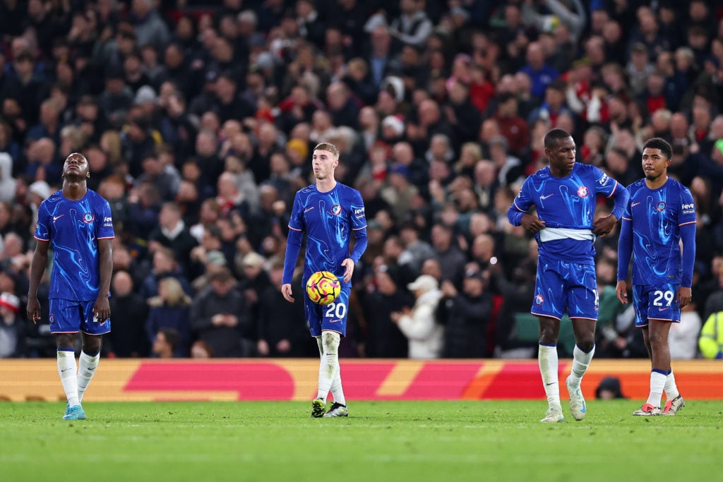 Dejected players of Chelsea after conceding the opening goal during the Premier League match between Manchester United FC and Chelsea FC at Old Tra...