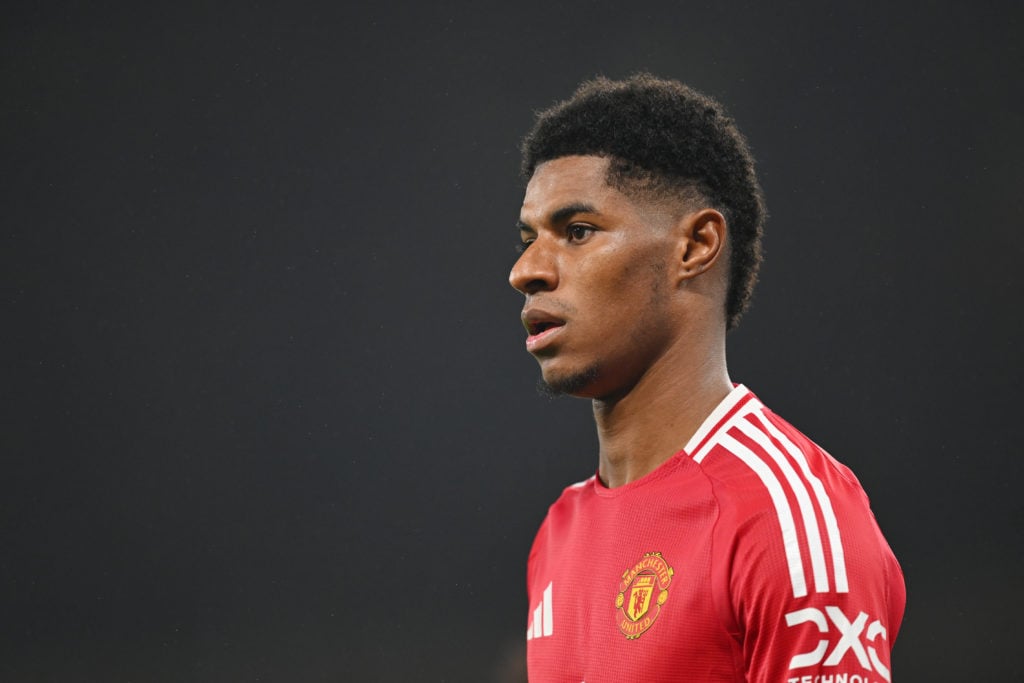 Marcus Rashford of Manchester United looks on during the Carabao Cup Fourth Round match between Manchester United and Leicester City   at Old Traff...