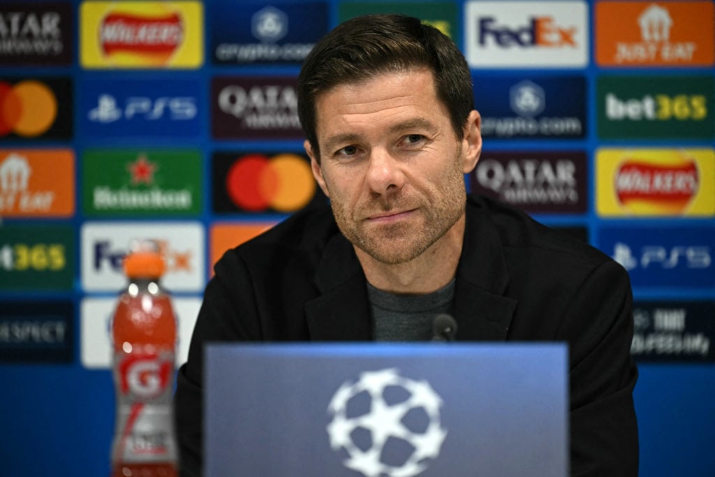 Bayer Leverkusen's Spanish head coach Xabi Alonso speaks during a press conference, at the Anfield stadium, in Liverpool, north west England, on No...