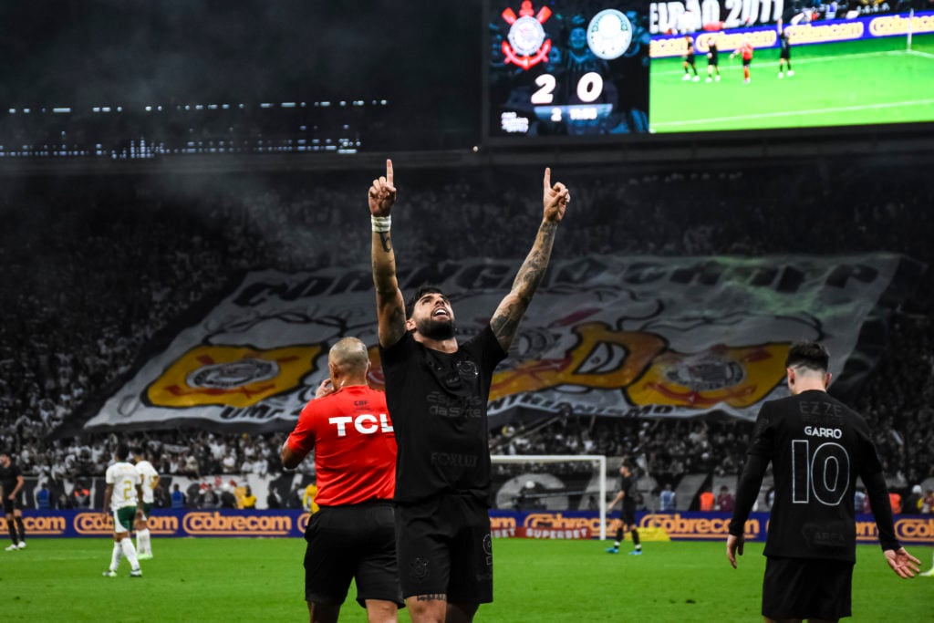 Yuri Alberto of Corinthians celebrates after scoring the second goal of his team during the Brasileirao 2024 match between Corinthians and Palmeira...