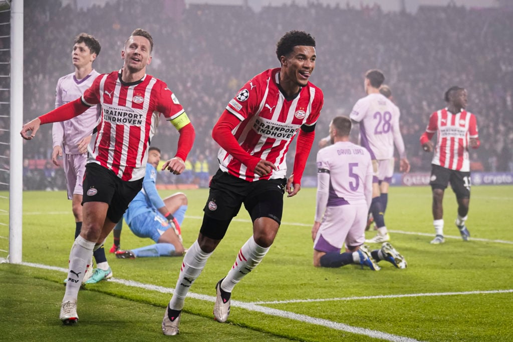 Malik Tillman of PSV celebrates after scoring his teams second goal during the UEFA Champions League 2024/25 League Phase MD4 match between PSV and...