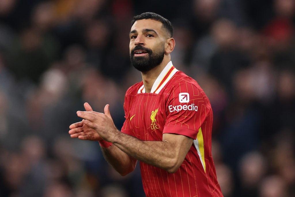 Mohamed Salah of Liverpool reacts during the Premier League match between Liverpool FC and Brighton & Hove Albion FC at Anfield on November 02,...