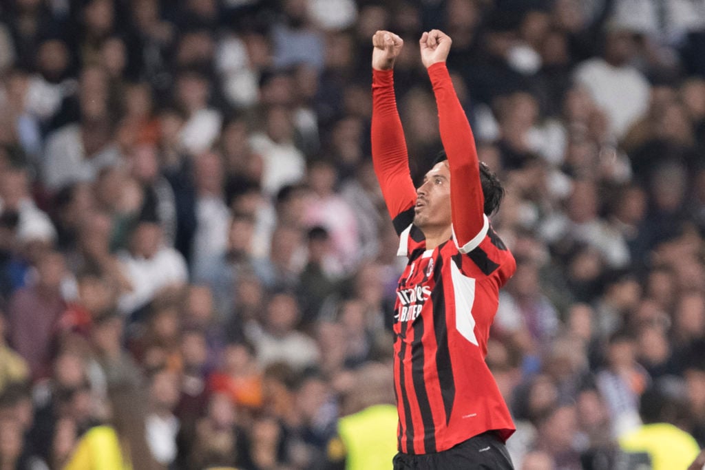 Tijjani Reijnders of AC Milan celebrates a goal during the UEFA Champions League 2024/25 match between Real Madrid and AC Milan at Santiago Bernabe...