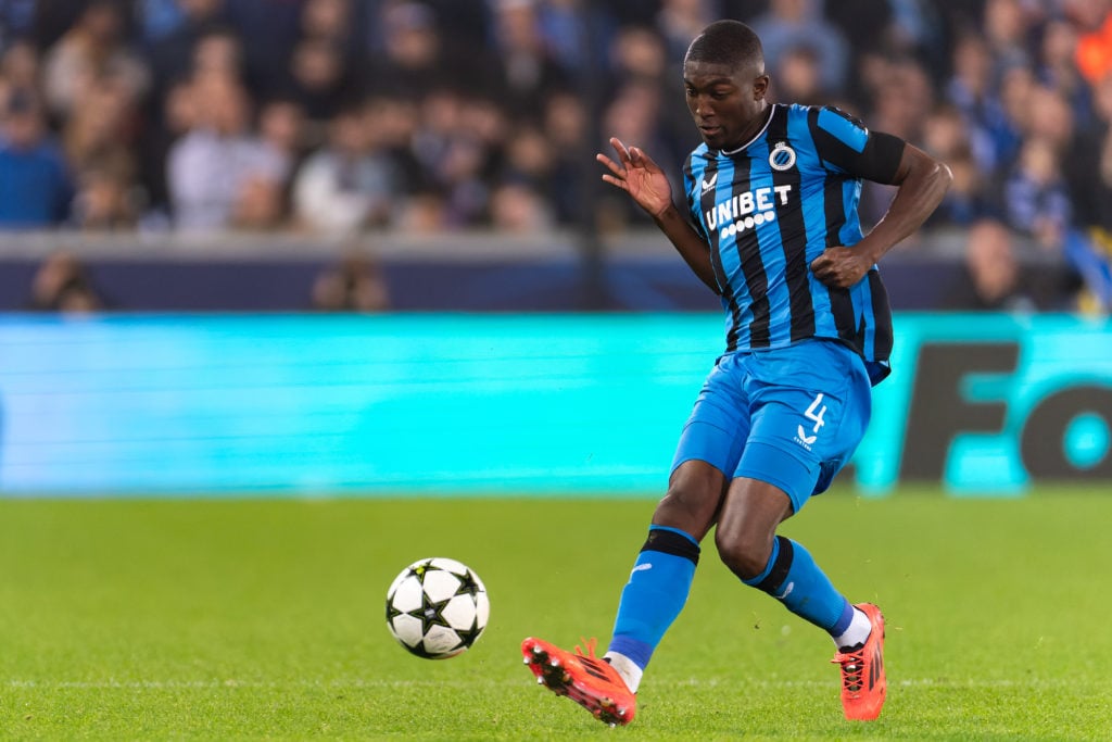 Joel Ordonez of Club Brugge KV passes the ball during the UEFA Champions League 2024/25 League Phase MD4 match between Club Brugge KV and Aston Vil...