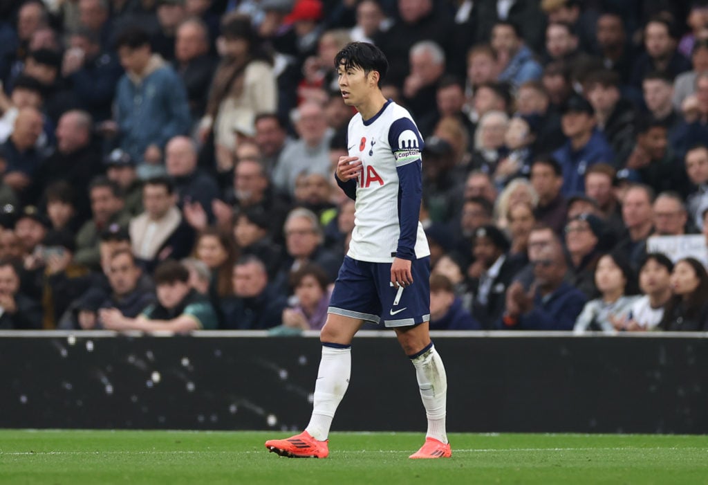 Son Heung-Min of Tottenham Hotspur reacts as he is substituted during the Premier League match between Tottenham Hotspur FC and Aston Villa FC at T...