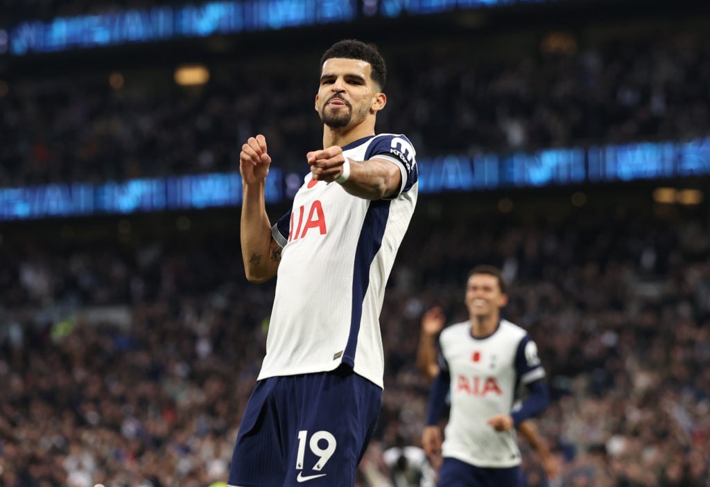 Dominic Solanke of Tottenham Hotspur celebrates scoring his team's second goal during the Premier League match between Tottenham Hotspur FC and Ast...