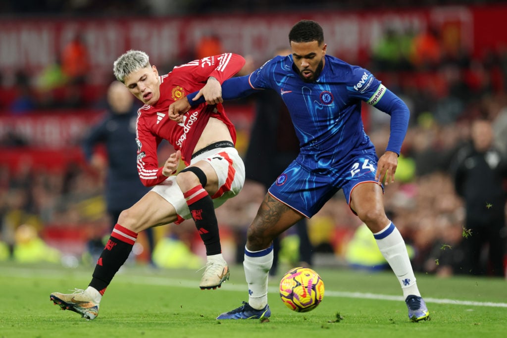 Reece James of Chelsea controls the ball under pressure from Alejandro Garnacho of Manchester United during the Premier League match between Manche...