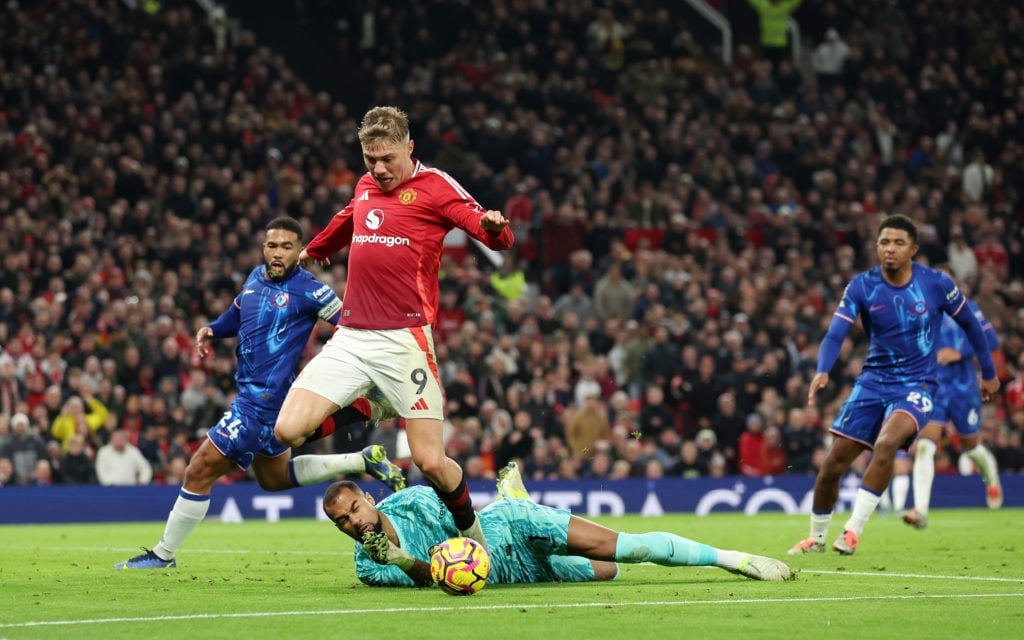 Rasmus Hojlund of Manchester United is fouled by Robert Sanchez of Chelsea resulting in a penalty being given during the Premier League match betwe...