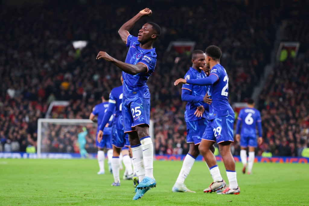 Moises Caicedo os Chelsea celebrates after scoring his side's first goal during the Premier League match between Manchester United FC and Chelsea F...