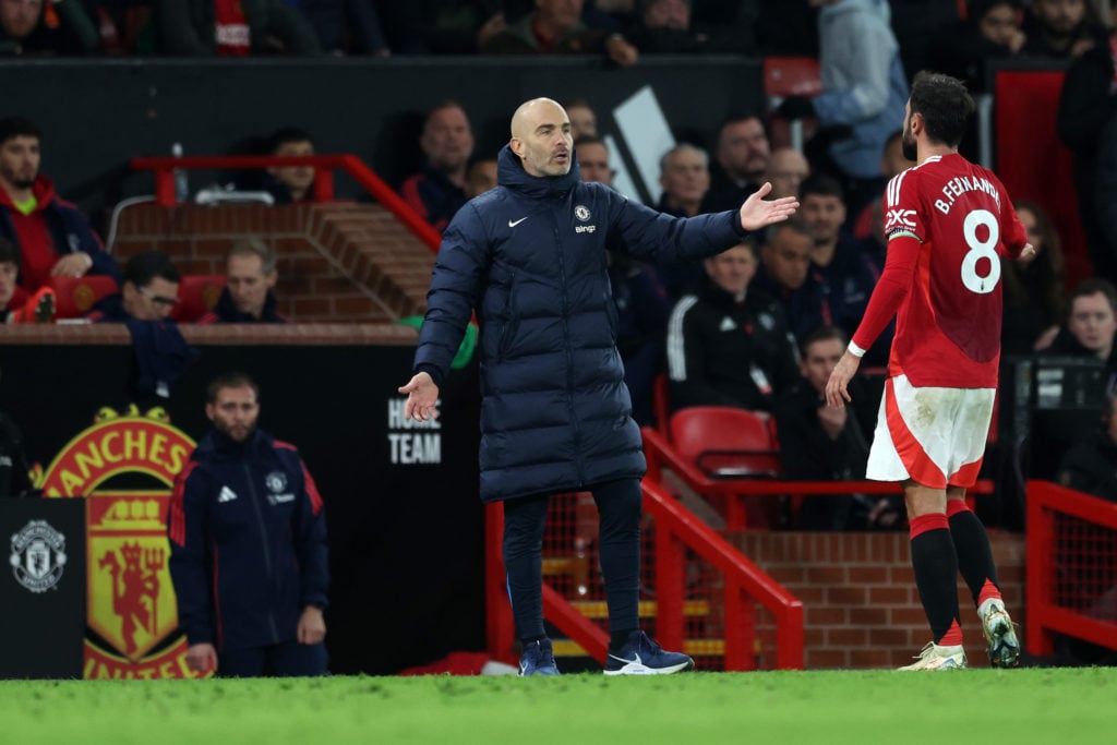 Enzo Maresca, Manager of Chelsea, reacts during the Premier League match between Manchester United FC and Chelsea FC at Old Trafford on November 03...