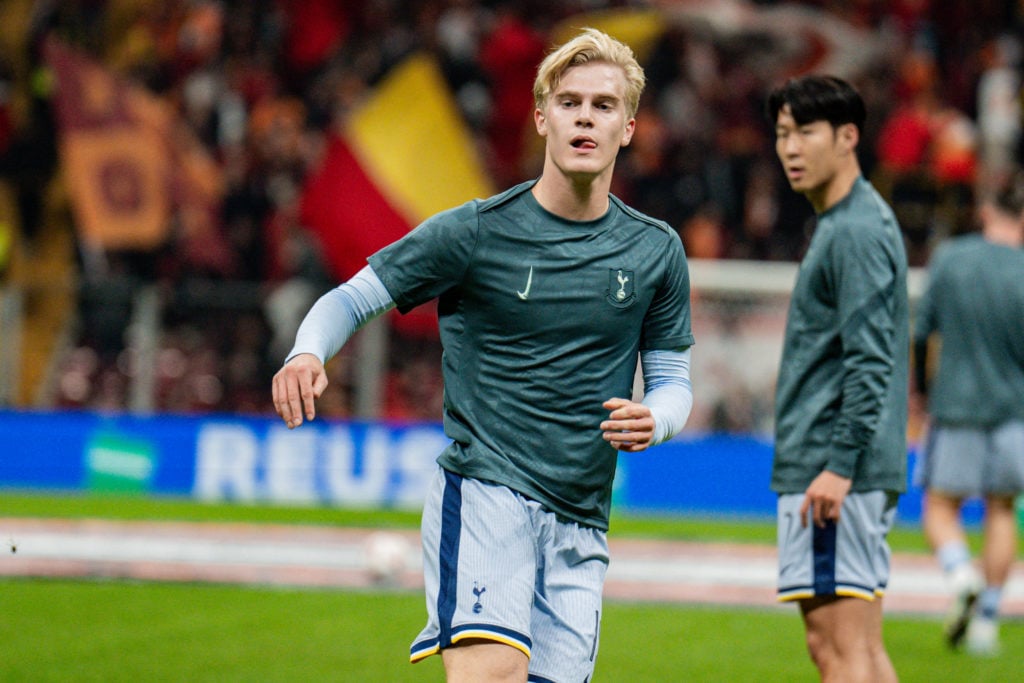 Lucas Bergvall of Tottenham Hotspur during the warmup. Galatasaray and Tottenham Hotspur faced each other in the UEFA Europa League 2024/25 League ...