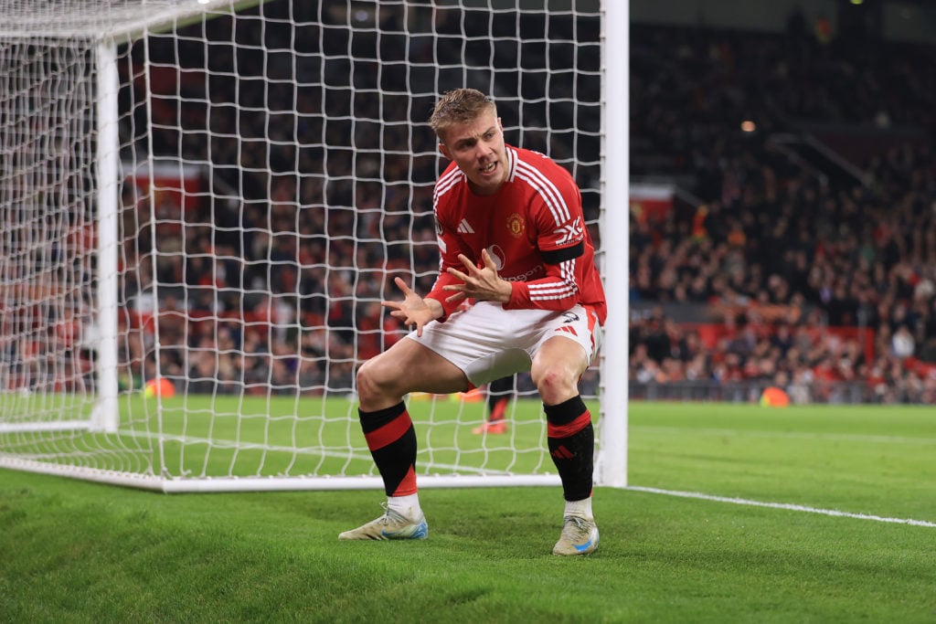 Rasmus Hojlund of Manchester United reacts during the UEFA Europa League 2024/25 League Phase MD4 match between Manchester United and PAOK FC at Ol...