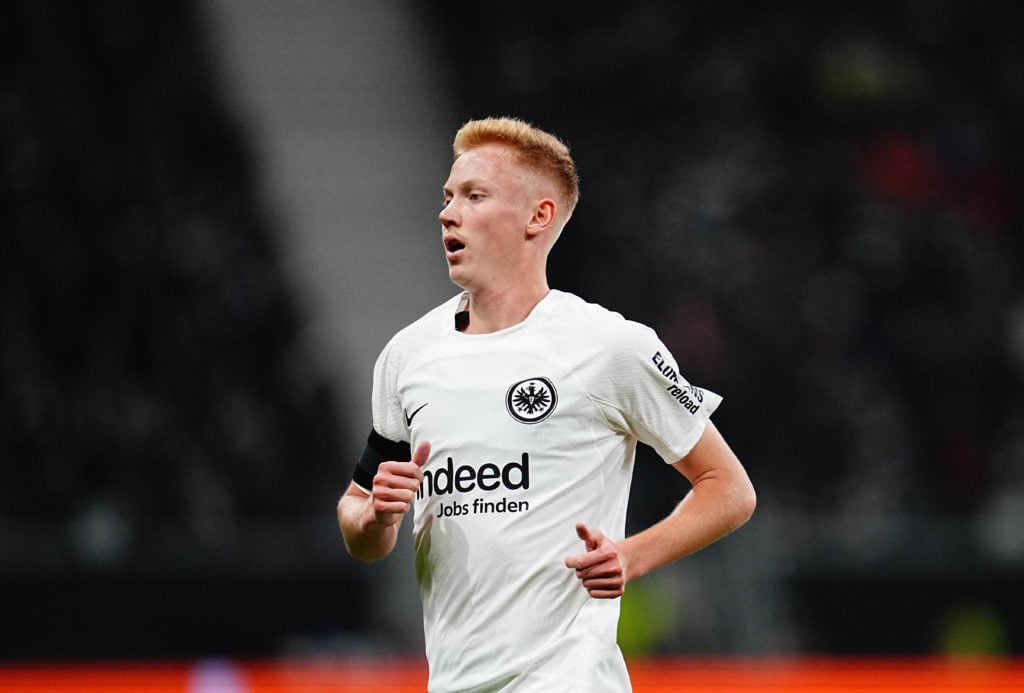 Hugo Larsson of Eintracht Frankfurt  looks on during the Eurepa League Round 4 match between Eintracht Frankfurt v SK Slavia Prague at the Deutsche...