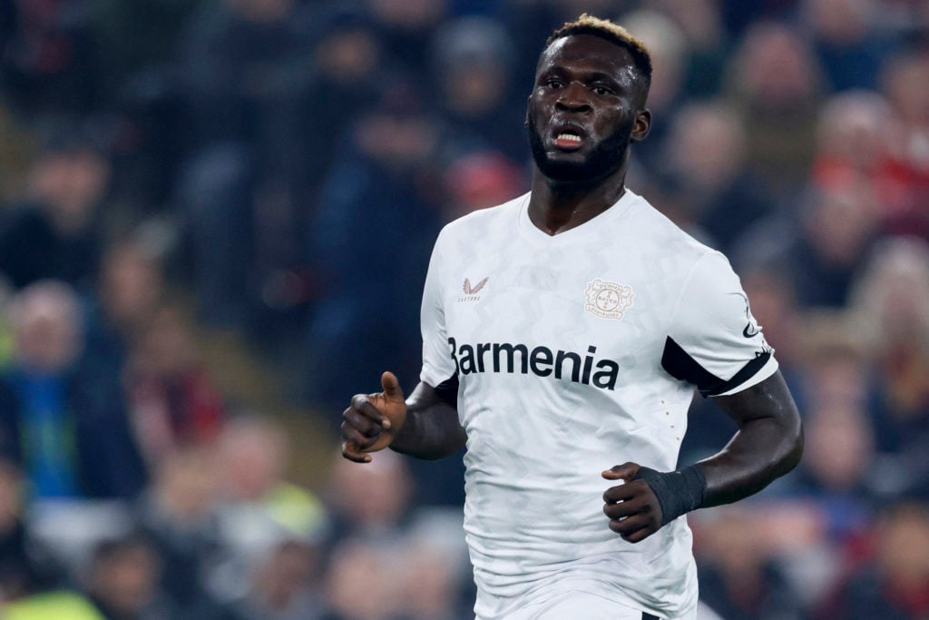 Victor Boniface of Bayer 04 Leverkusen running during the UEFA Champions League 2024/25 League Phase MD4 match between Liverpool FC and Bayer 04 Le...