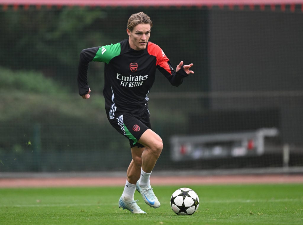 Martin Odegaard of Arsenal during the UEFA Champions League 2024/25 League Phase MD4 training and press conference at Sobha Realty Training Centre ...