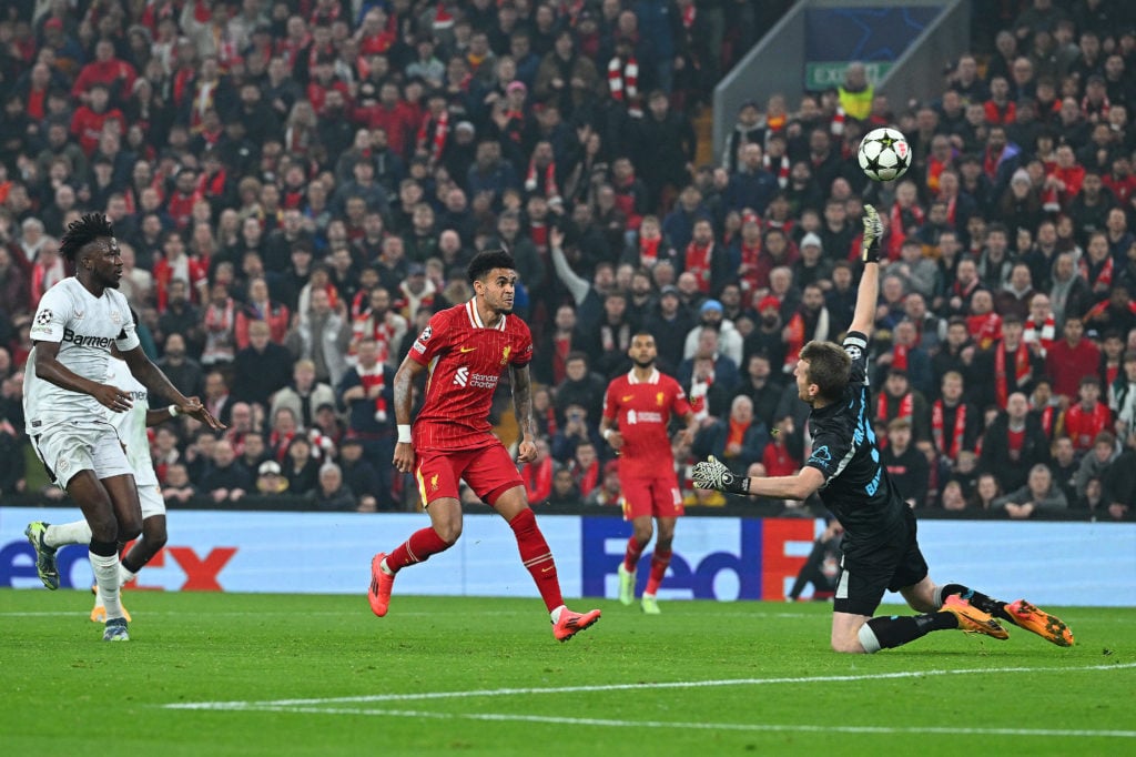 (THE SUN OUT, THE SUN ON SUNDAY OUT)  Luis Diaz of Liverpool scoring the opening goal during the UEFA Champions League 2024/25 League Phase MD4 mat...