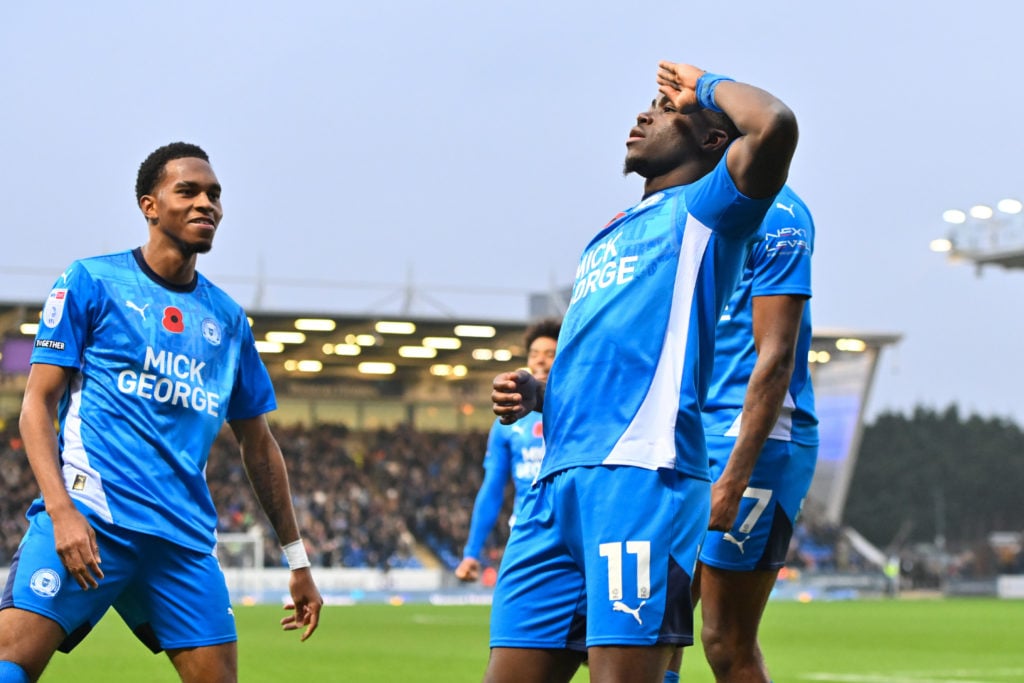 Kwame Poku (11 Peterborough United) celebrates after scoring the team's second goal during the Sky Bet League 1 match between Peterborough and Camb...